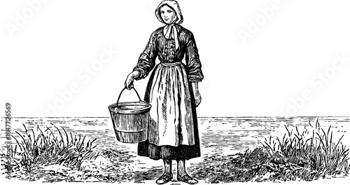 Frontier woman carrying water bucket in vintage hand drawn sketch silhouette