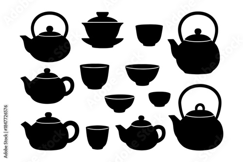 Silhouette collection of teapots and teacups in various designs.