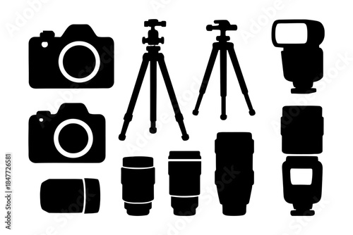 Camera equipment silhouettes: cameras, lenses, tripods, flash units.