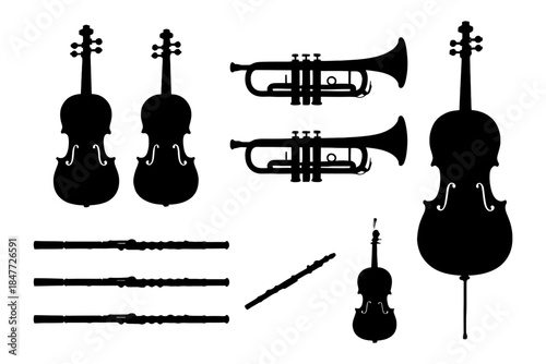 Silhouette collection of string and brass instruments including violin, trumpet, cello, flute, oboe.