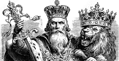 Regal portrait of anonymous king with lion-themed attire in vintage engraving style