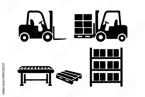 Warehouse equipment icons: forklifts, conveyor, pallets, and shelving.