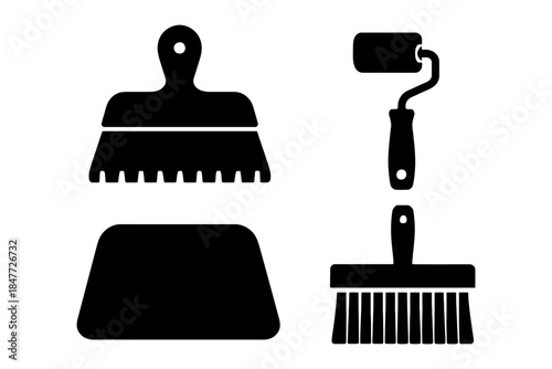 Silhouette set of paint and wall tools: brushes, scraper, roller.