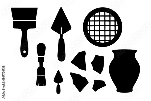 Archaeology tools silhouette: trowel, brush, shovel, pottery pieces, sieve.