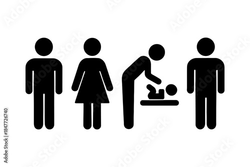 Restroom symbols: male, female, and baby changing icon set.