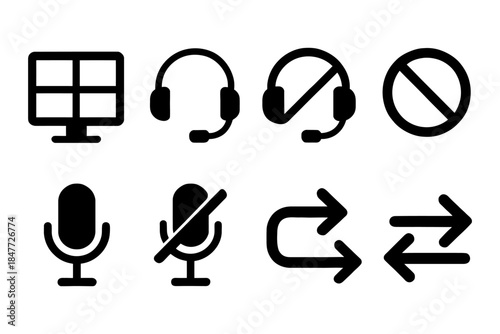 Communication icons collection: headset, microphone, monitor, repeat arrows, muted symbols.