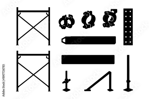 Construction scaffolding and tools black icons set.