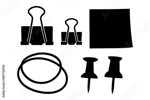 Silhouette of office supplies: binder clips, sticky note, rubber bands, push pins.