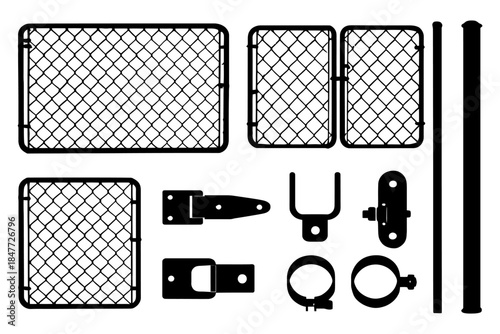 Chain link fence components: gate, panels, hinges, clamps, posts diagram.