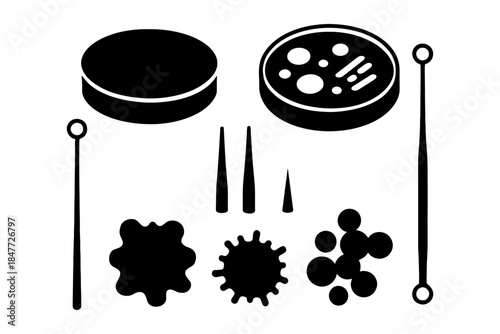Laboratory tools and microorganisms silhouette set with petri dishes and pipettes.