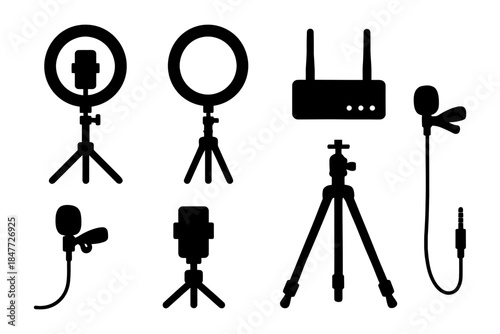 Silhouettes of video equipment: tripods, ring lights, and microphones for content creation.