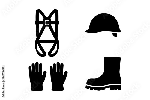 Essential safety equipment: harness, helmet, gloves, boots icons for construction safety.