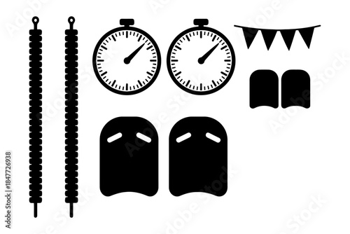 Silhouettes of diving gear with stopwatch and racing flags for swimming training.
