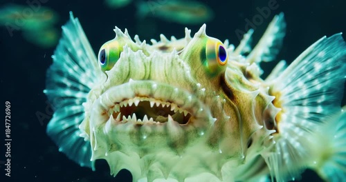 Bioluminescent Deep Sea Anglerfish Slowly Drifting in Dark Abyss with Glowing Lure. Deep Underwater Life Concept.