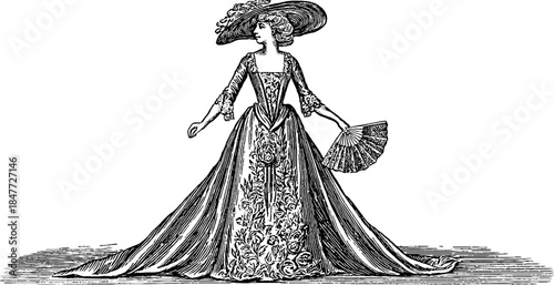 Elegant rococo lady with fan silhouette for retro design and decor