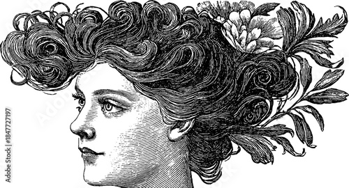 Elegant rococo lady with towering hair - vintage sketch for design and decor