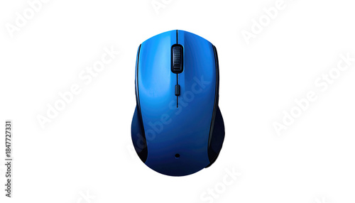 A sleek, blue computer mouse with ergonomic design is isolated on a stark black background