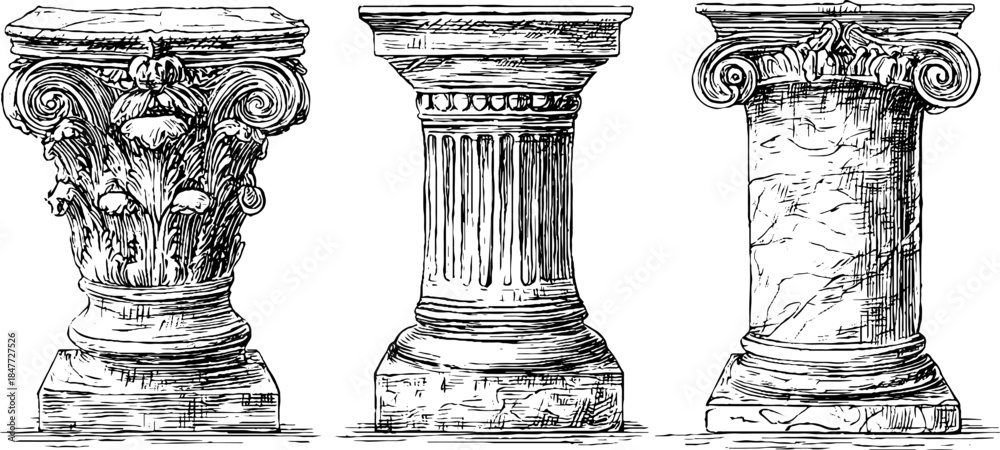 Naklejka premium Antique architectural pillars collection: vintage engraved illustration set for historical design