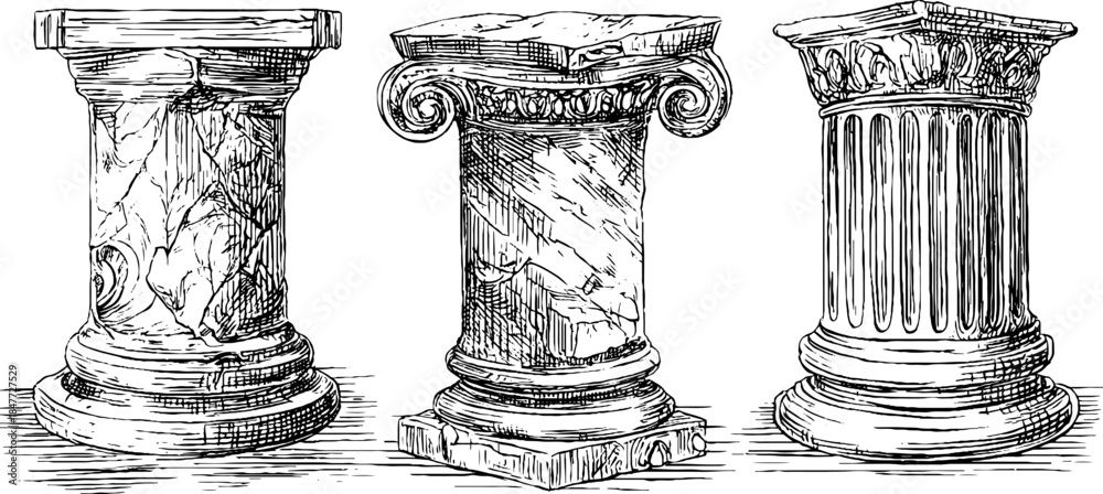 Naklejka premium Vintage hand drawn illustration of ancient pillar set for historical design and architecture