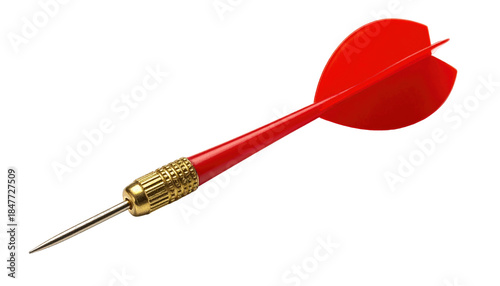 A red dart with gold and silver accents rests angled on a solid black background, ready for its bullseye destination