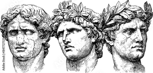 Vintage engraved illustrations of ancient marble heads for art design