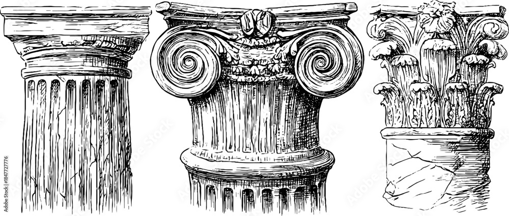 Naklejka premium Antique column set: vintage engraved illustrations for architectural design