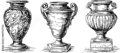 Antique ceramic vases collection vintage engraving for design projects