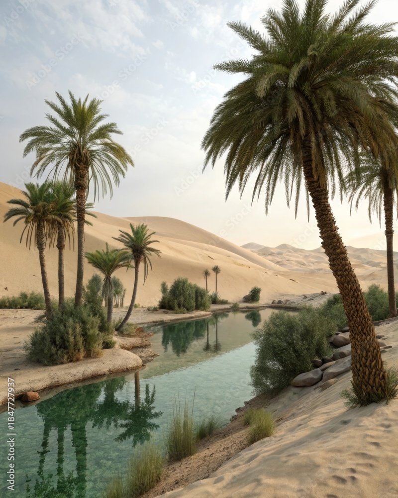 Obraz premium Serene oasis with lush palm trees enclosed by endless desert dunes photorealistic landscape tranquil environment aerial view captivating natural beauty