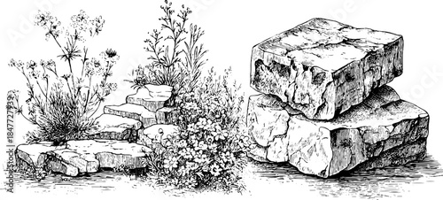 Vintage engraved illustration of antique geometric objects and botanical elements for design