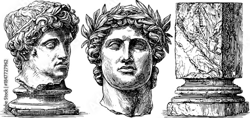 Classical sculpture collection: vintage engraved sketch of antique stone busts