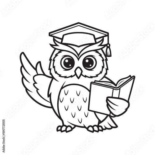 Outline drawing of an owl wearing a graduation cap and reading a book bird animal