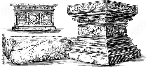 Vintage engraved aztec geometry illustration set featuring three objects for design use