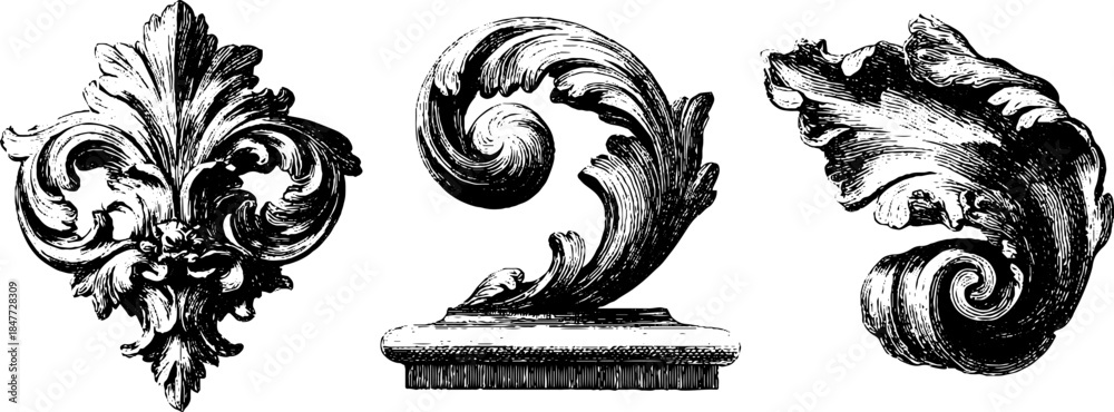 Fototapeta premium Elegant baroque floral elements vintage engraved illustration set for design and decoration