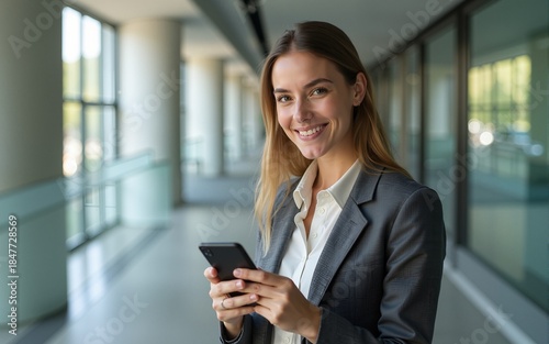 Business woman smiling at the camera and holding a cellphone. High quality