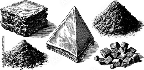 Hand drawn vintage engraving of brownie and confectionery shapes for retro design