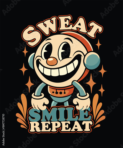 Retro cartoon character with headphones and text Sweat Smile Repeat vintage animation