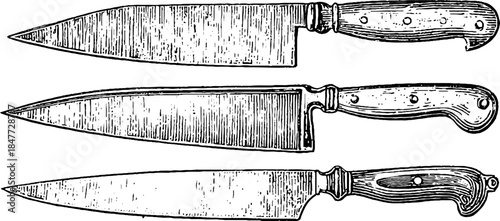 Vintage engraved knife set illustration for culinary design and décor