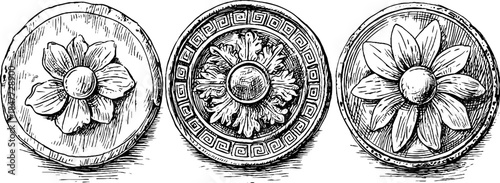 Vintage engraved geometric designs with floral elements for artistic design projects