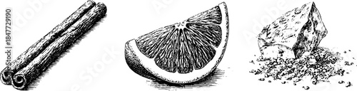 Vintage engraving of cinnamon stick, citrus slice, and rock sugar for culinary projects