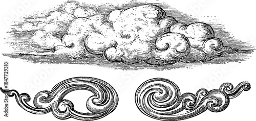 Vintage cloud swirl engraving set for retro design and art projects