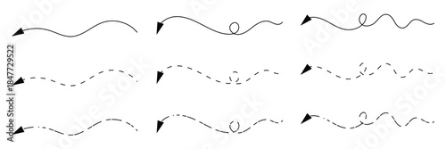 Long squiggle dashed, dotted line arrow vector icon on white background. Vector Illustration.