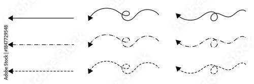 Long squiggle dashed, dotted line arrow vector icon on white background. Vector Illustration.