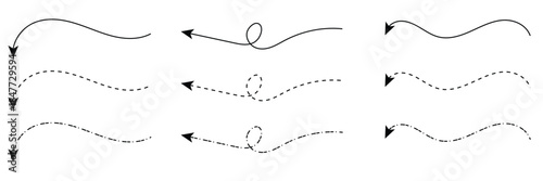 Long squiggle dashed, dotted line arrow vector icon on white background. Vector Illustration.