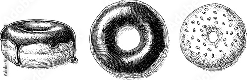 Vintage hand-drawn engraving of donut ring with glaze trio for retro design