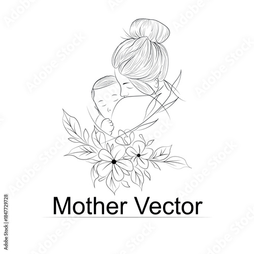  black and white handdrawn line art style mom and baby illustration art
