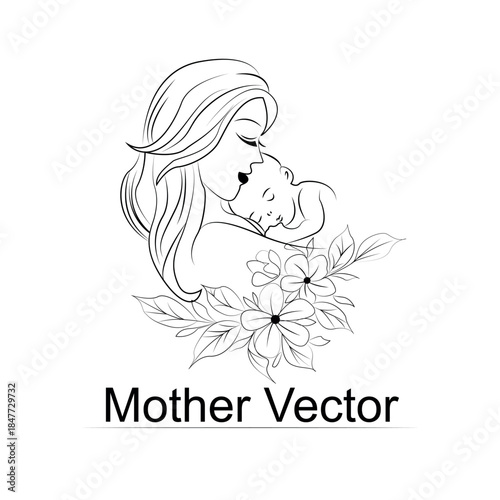  black and white handdrawn line art style mom and baby illustration art