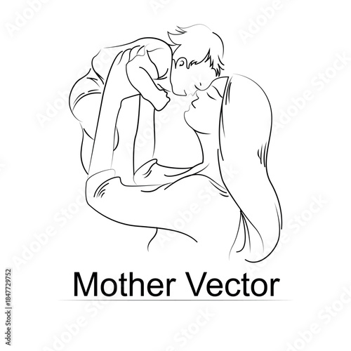  black and white handdrawn line art style mom and baby illustration art