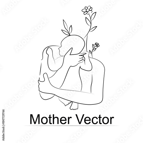  black and white handdrawn line art style mom and baby illustration art