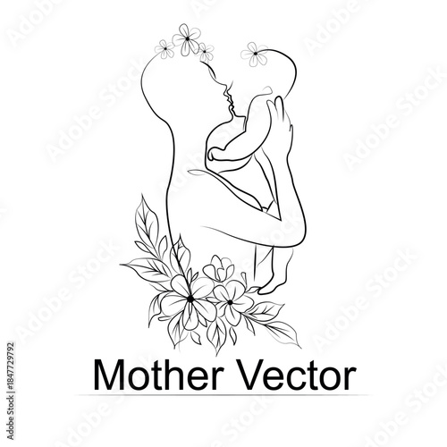  black and white handdrawn line art style mom and baby illustration art