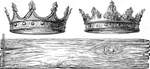 Vintage crown and wooden plank illustration set for design and decoration
